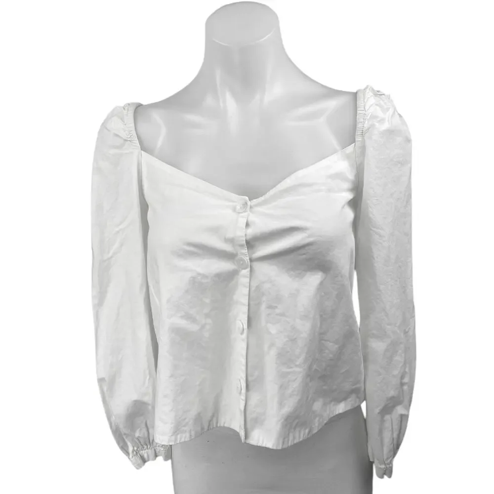 Zara Women's White Long Puff Sleeve Button Down Blouse Shirt Crop Top Size S